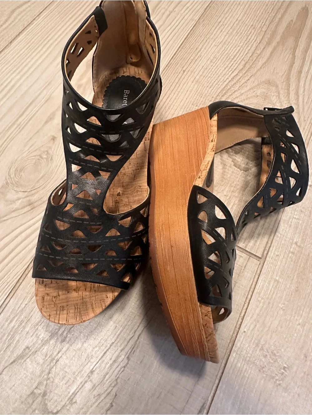BareTraps Black Laser-Cut Wedge Sandals